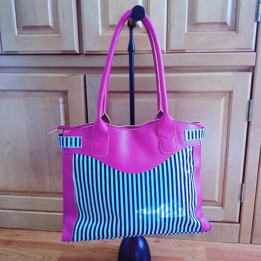 Jazzd Medium Pink Fuchsia Shoulder Hobo Tote Purse Bag Black White Stripes
